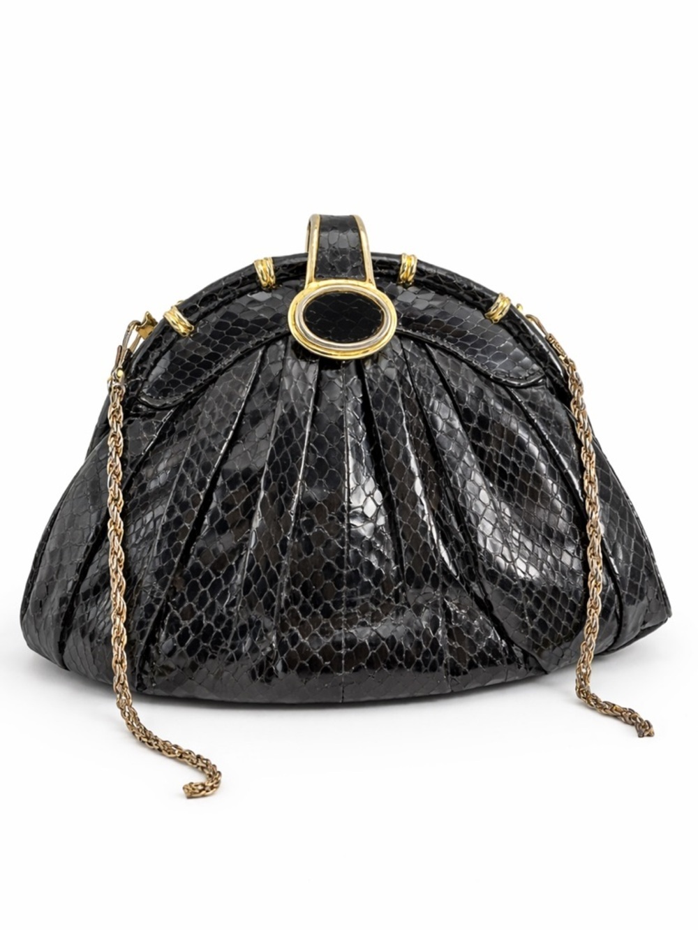 Vintage Black Snakeskin Clutch | Gold Chain Strap | 1980s Glam